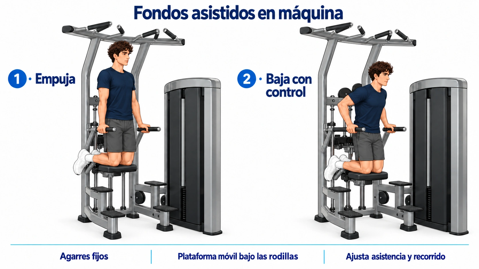 Dos fases de fondos en una máquina asistida con agarres paralelos fijos y plataforma móvil bajo ambas rodillas.