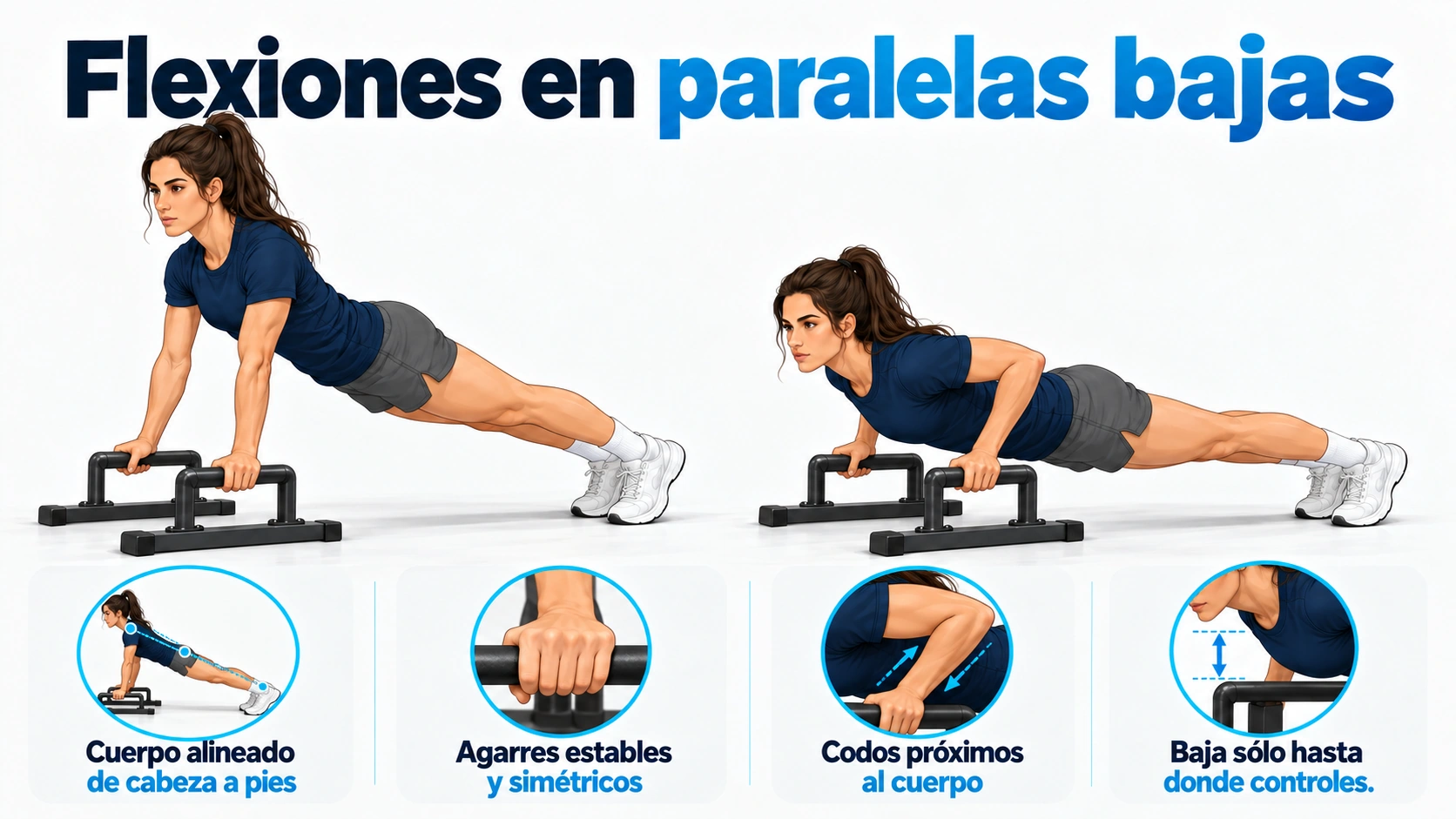 Flexiones sobre paralelas bajas con cuerpo alineado, agarres simétricos y recorrido controlado.