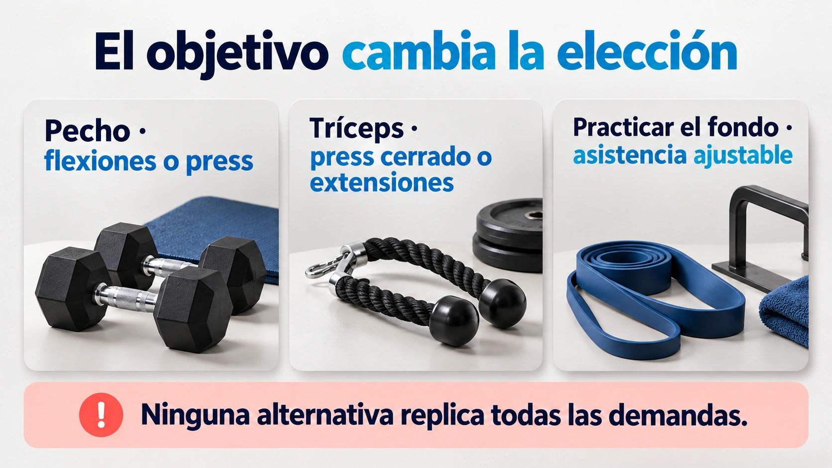 Opciones de sustitución para trabajar pecho, tríceps o practicar el patrón del fondo.