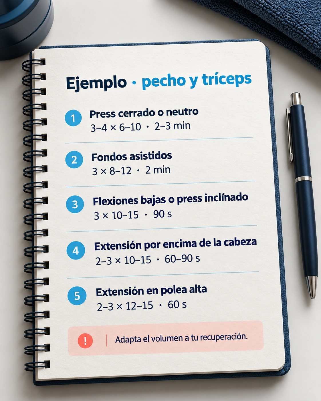 Rutina orientativa de pecho y tríceps con presses, fondos asistidos, flexiones y extensiones de codo.