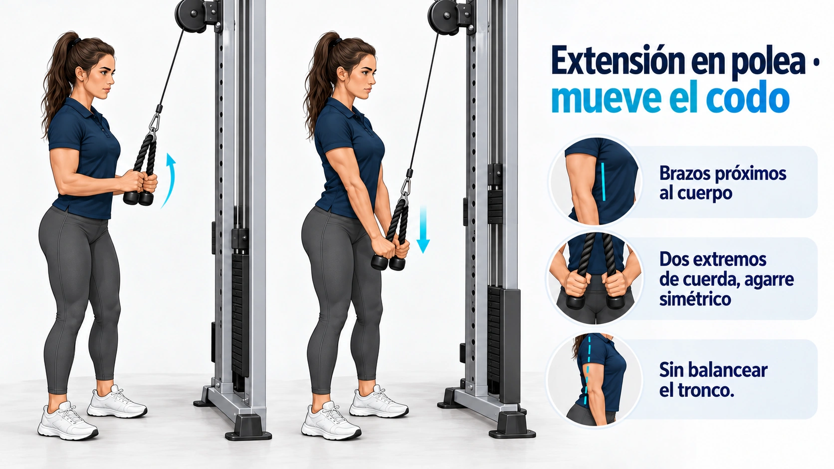 Extensión de tríceps con cuerda en polea alta, manteniendo los brazos próximos al cuerpo y el cable continuo.