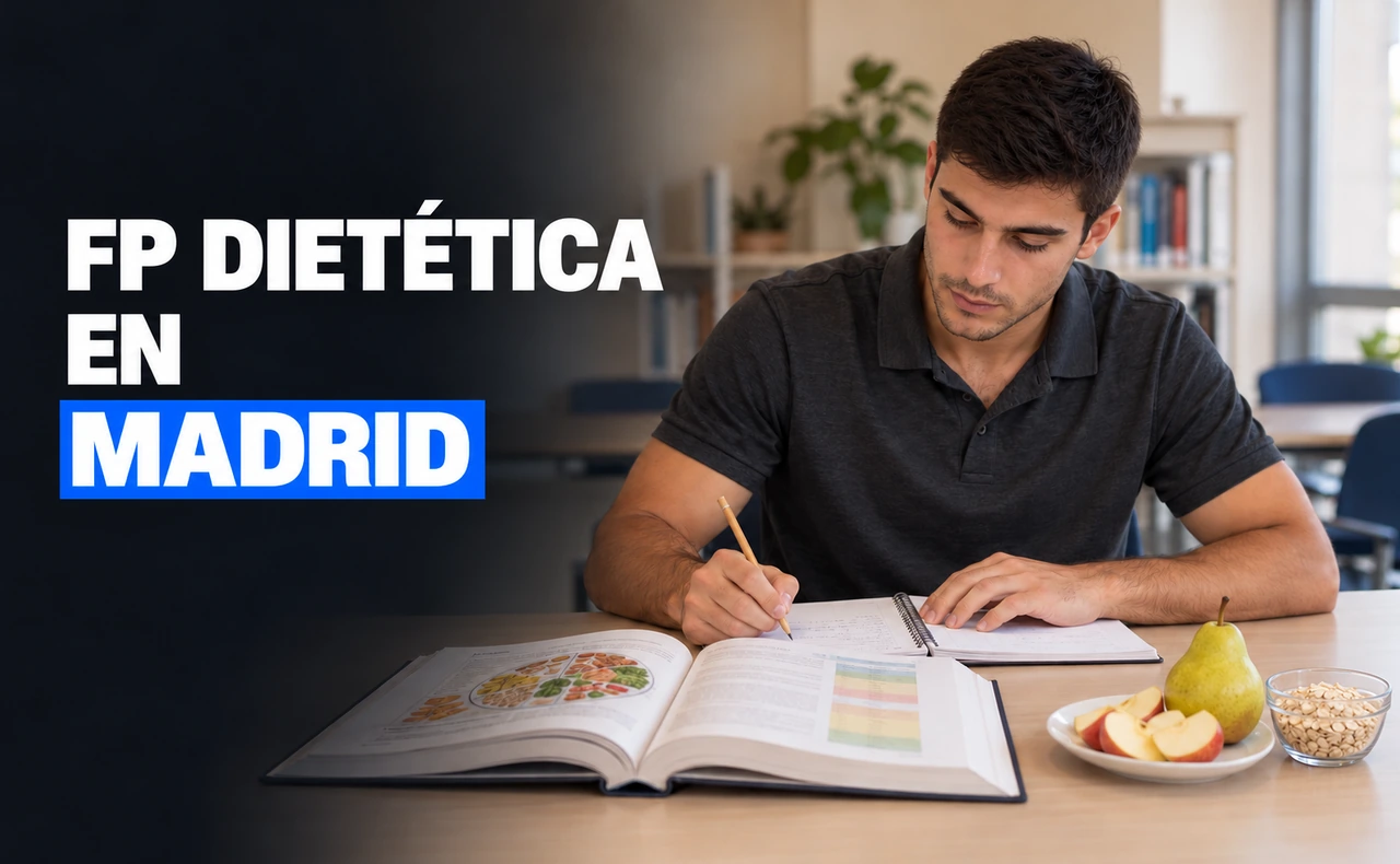 Joven tomando apuntes junto a un libro de alimentación, fruta y avena en un aula, con el titular «FP Dietética en Madrid».