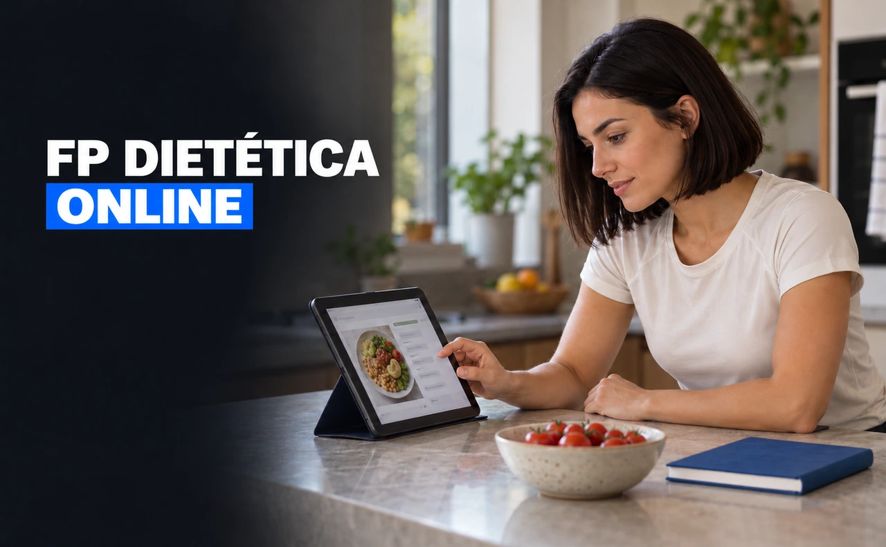 Joven consultando una lección de alimentación en una tableta, junto a tomates y un cuaderno, con el titular «FP Dietética online».