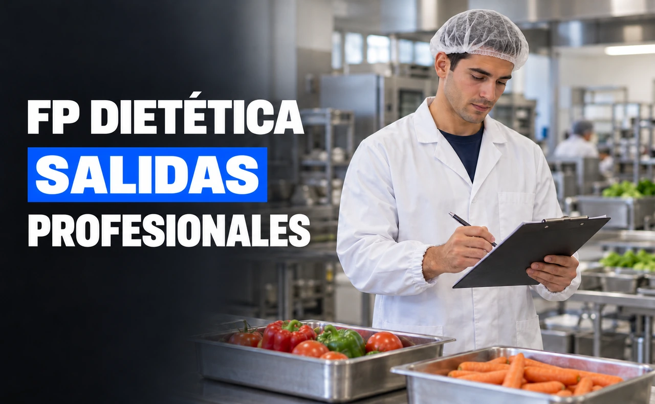 Joven con ropa de higiene alimentaria y redecilla tomando notas en una carpeta junto a bandejas de verduras en una cocina colectiva. Titular: «FP Dietética, salidas profesionales».