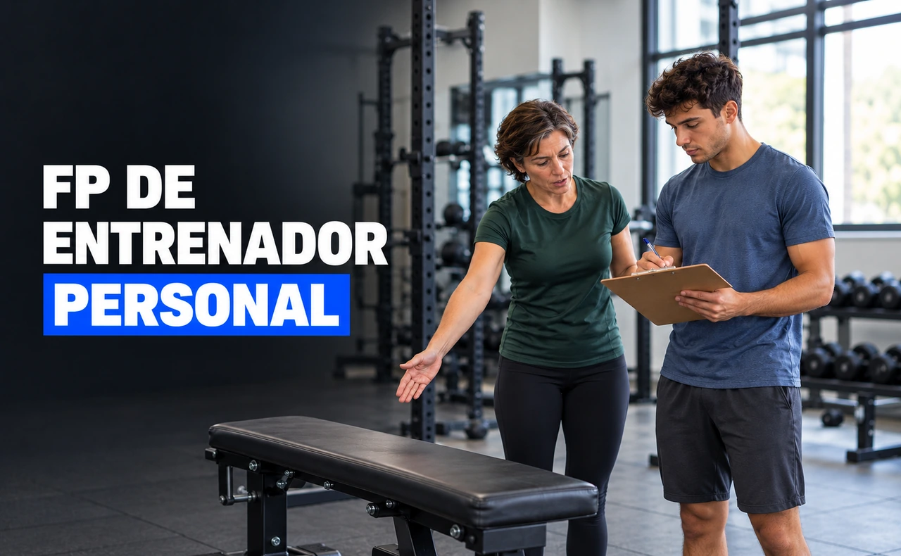 Joven tomando apuntes en un portapapeles mientras una mujer señala un banco de gimnasio. Titular: «FP de entrenador personal».