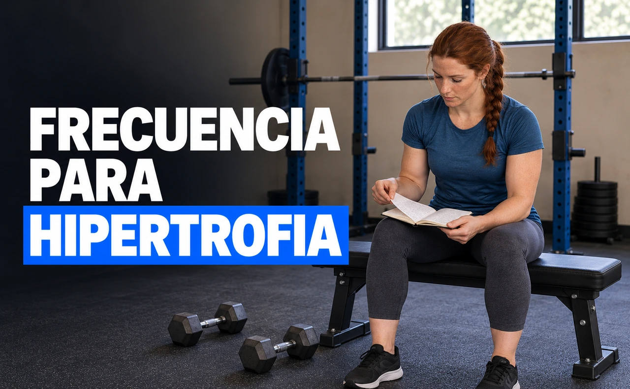 Mujer sentada en un banco revisando un cuaderno de entrenamiento, con dos mancuernas en el suelo. Titular: «Frecuencia para hipertrofia».