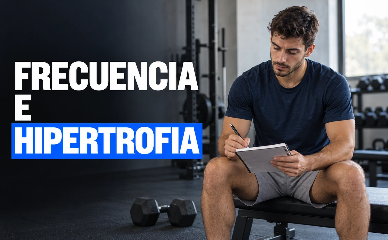 Hombre sentado en un banco de gimnasio anotando su planificación en un cuaderno. Titular: «Frecuencia e hipertrofia».