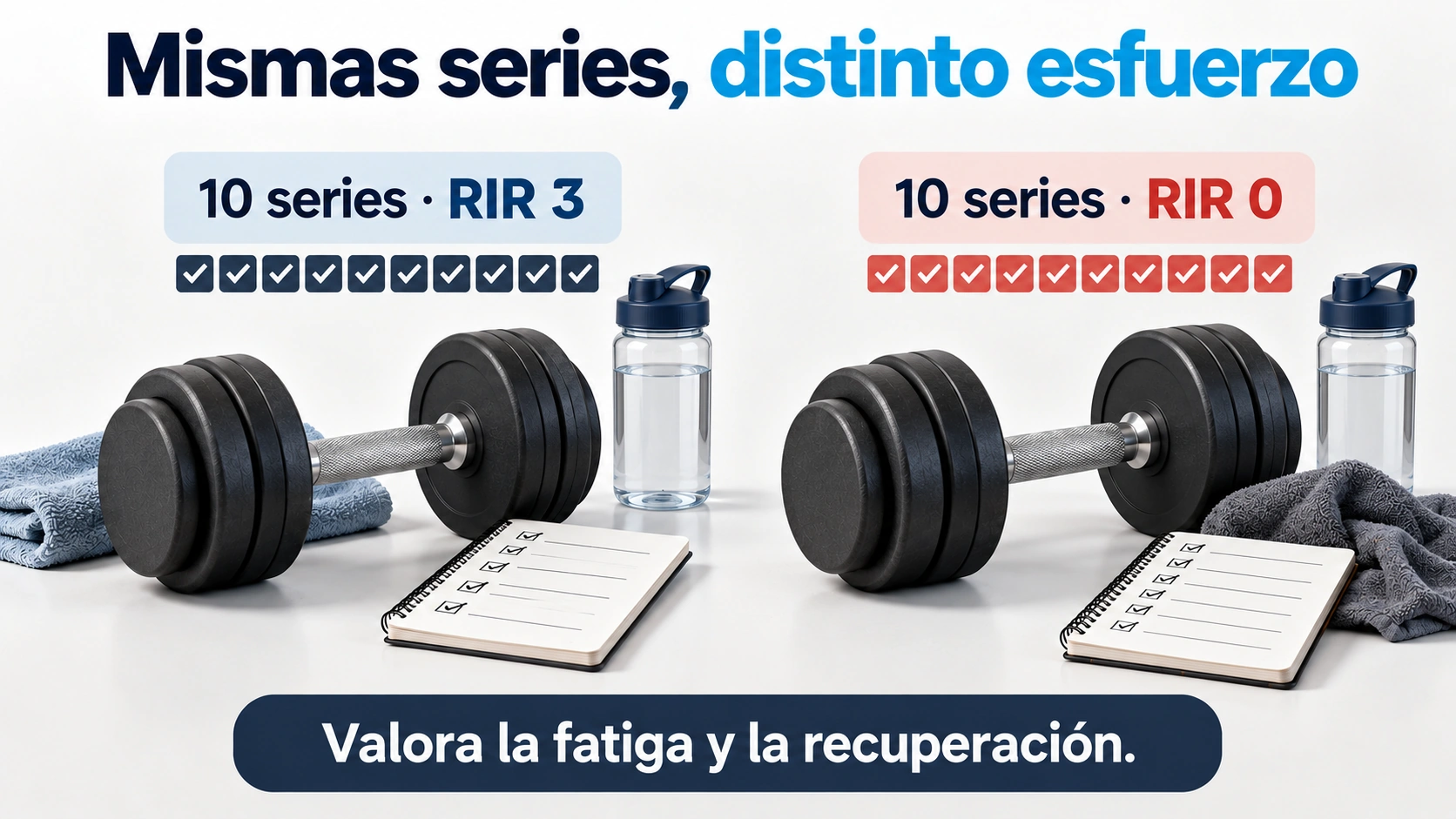 Dos registros de diez series comparan RIR 3 y RIR 0 y recuerdan valorar fatiga y recuperación.