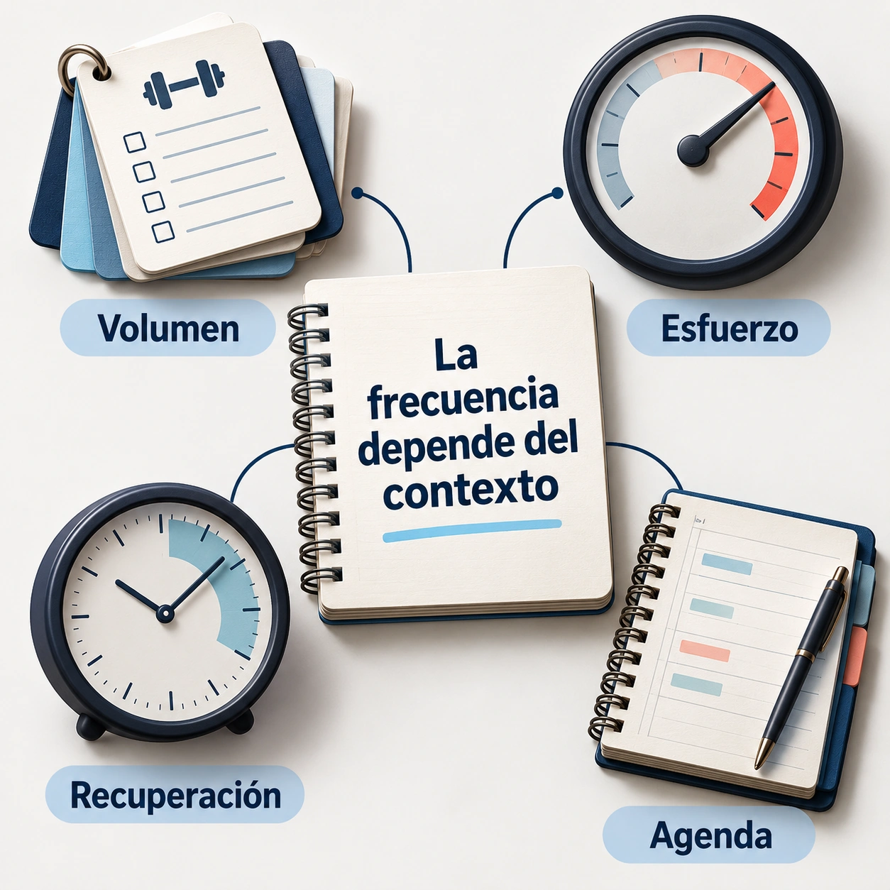 Volumen, esfuerzo, recuperación y agenda rodean una libreta de programación de la frecuencia.