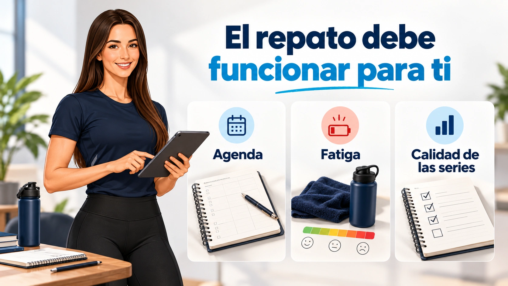 Una profesora revisa una tableta junto a los factores agenda, fatiga y calidad de las series.