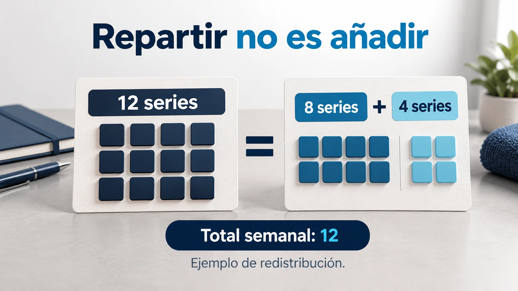 Una sesión de doce series se compara con dos sesiones de ocho y cuatro, manteniendo el total semanal.