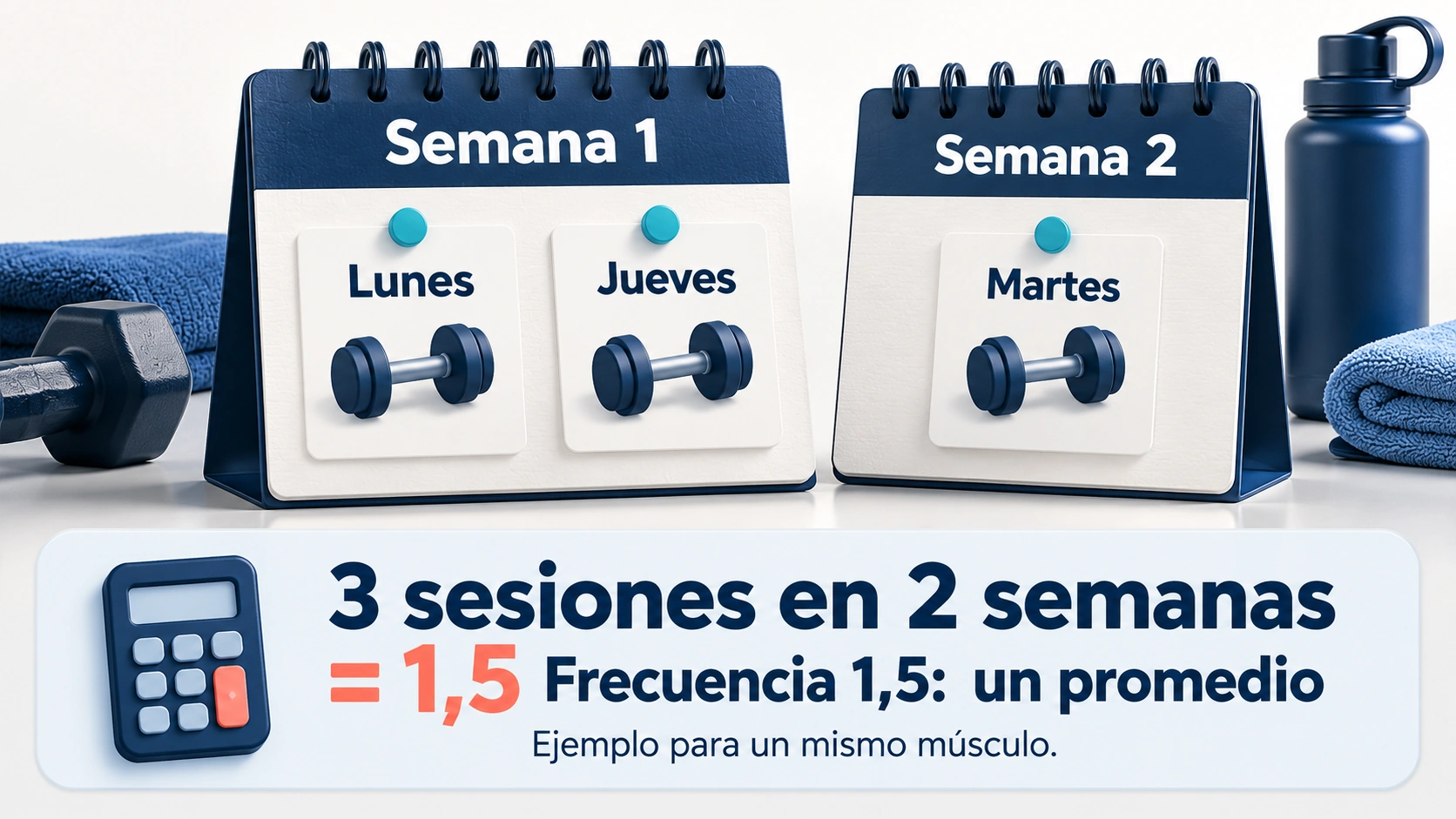 Dos agendas muestran tres sesiones para un músculo en dos semanas, equivalentes a una frecuencia media de 1,5.