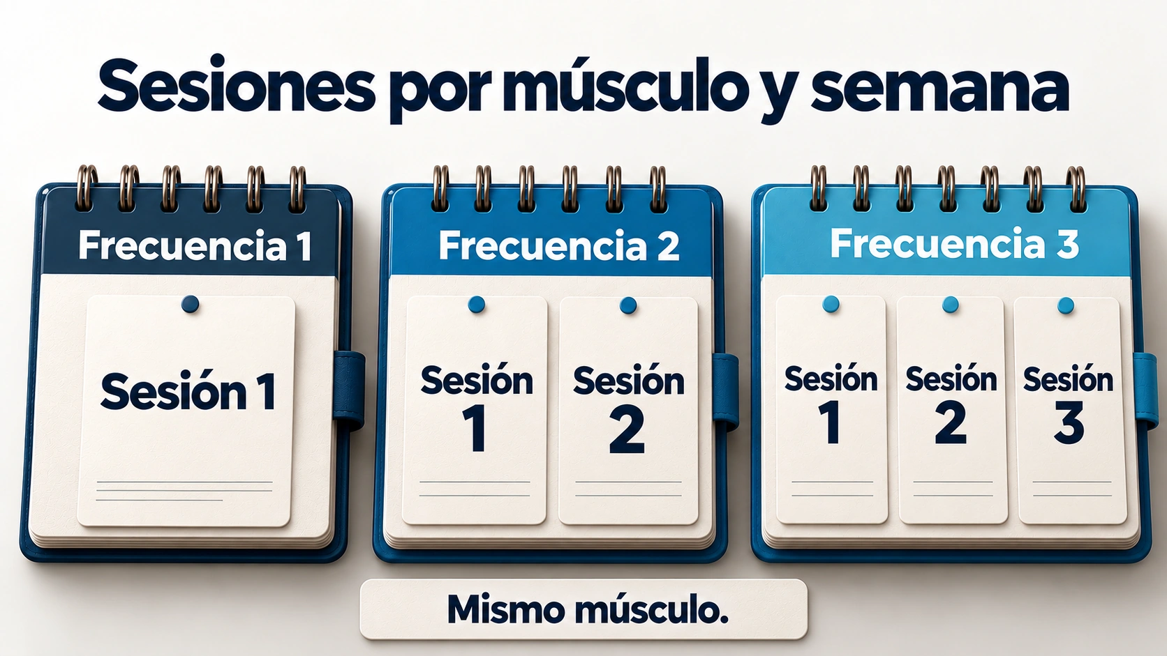Tres agendas muestran una, dos y tres sesiones semanales para un mismo músculo.
