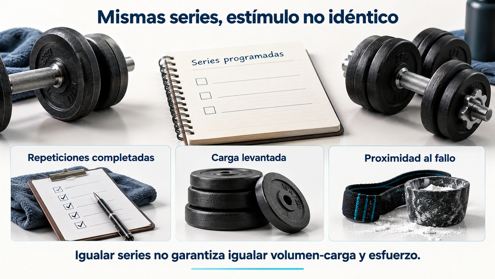 Repeticiones, carga y proximidad al fallo pueden cambiar aunque las series programadas sean iguales.