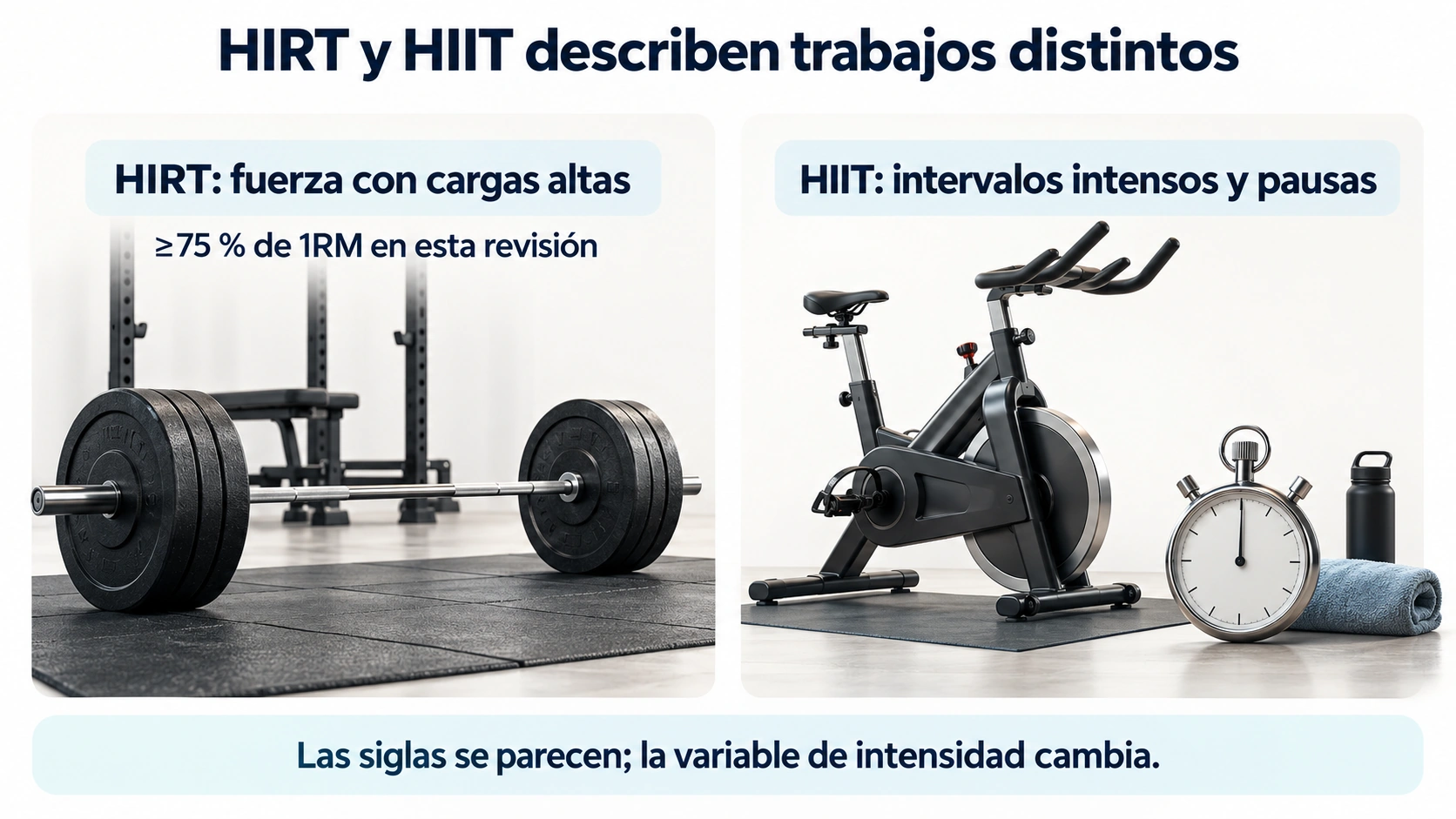 Diferencia entre HIRT, entrenamiento de fuerza con cargas altas respecto a la 1RM, y HIIT, intervalos intensos con pausas.