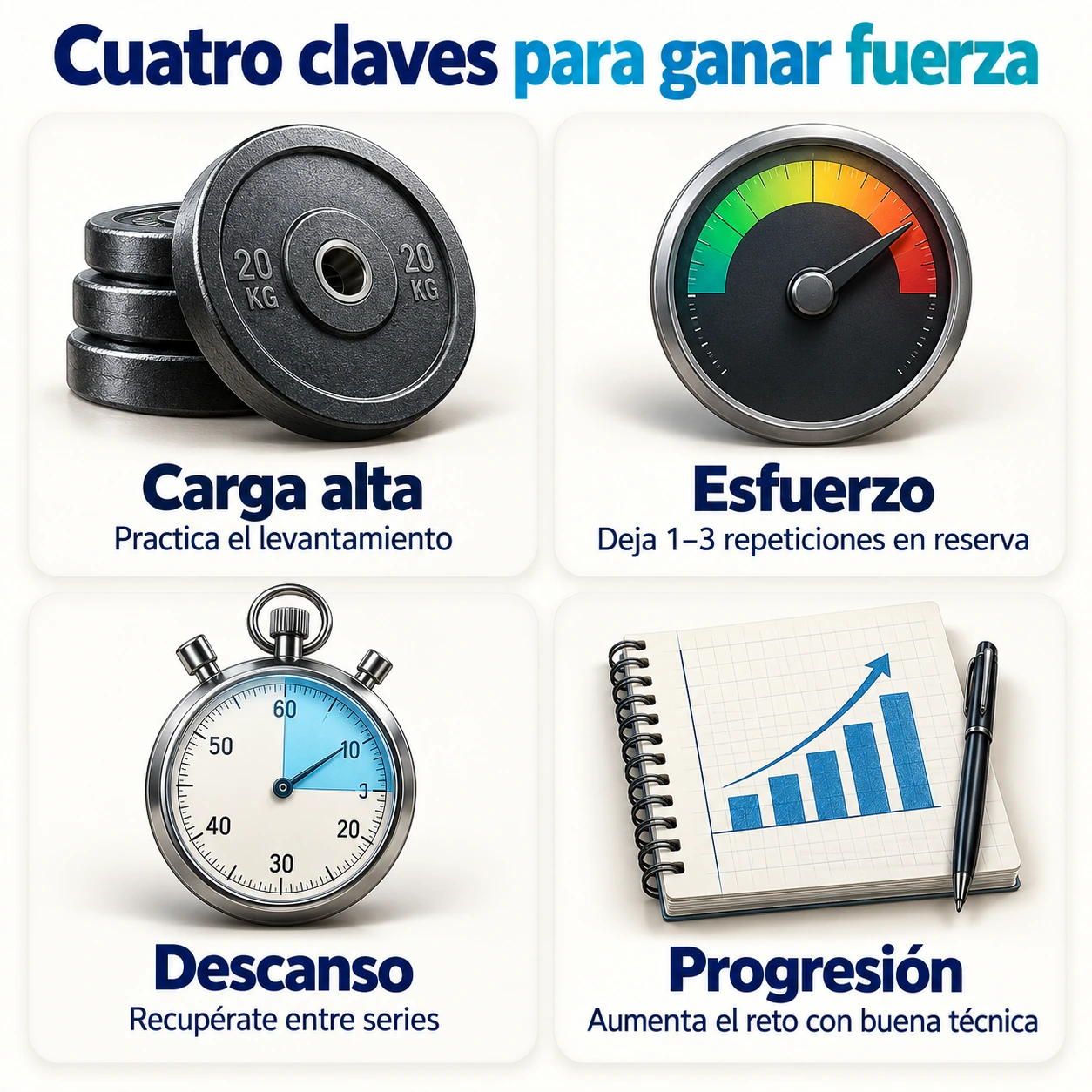 Carga, esfuerzo, descanso y progresión como variables del entrenamiento de fuerza.