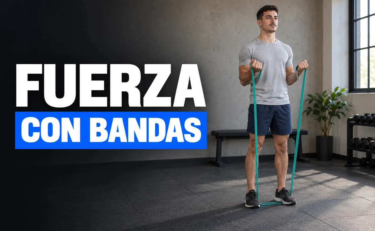 Deportista joven realizando un curl de brazos con una banda elástica sujeta bajo los pies, con el titular «Fuerza con bandas».