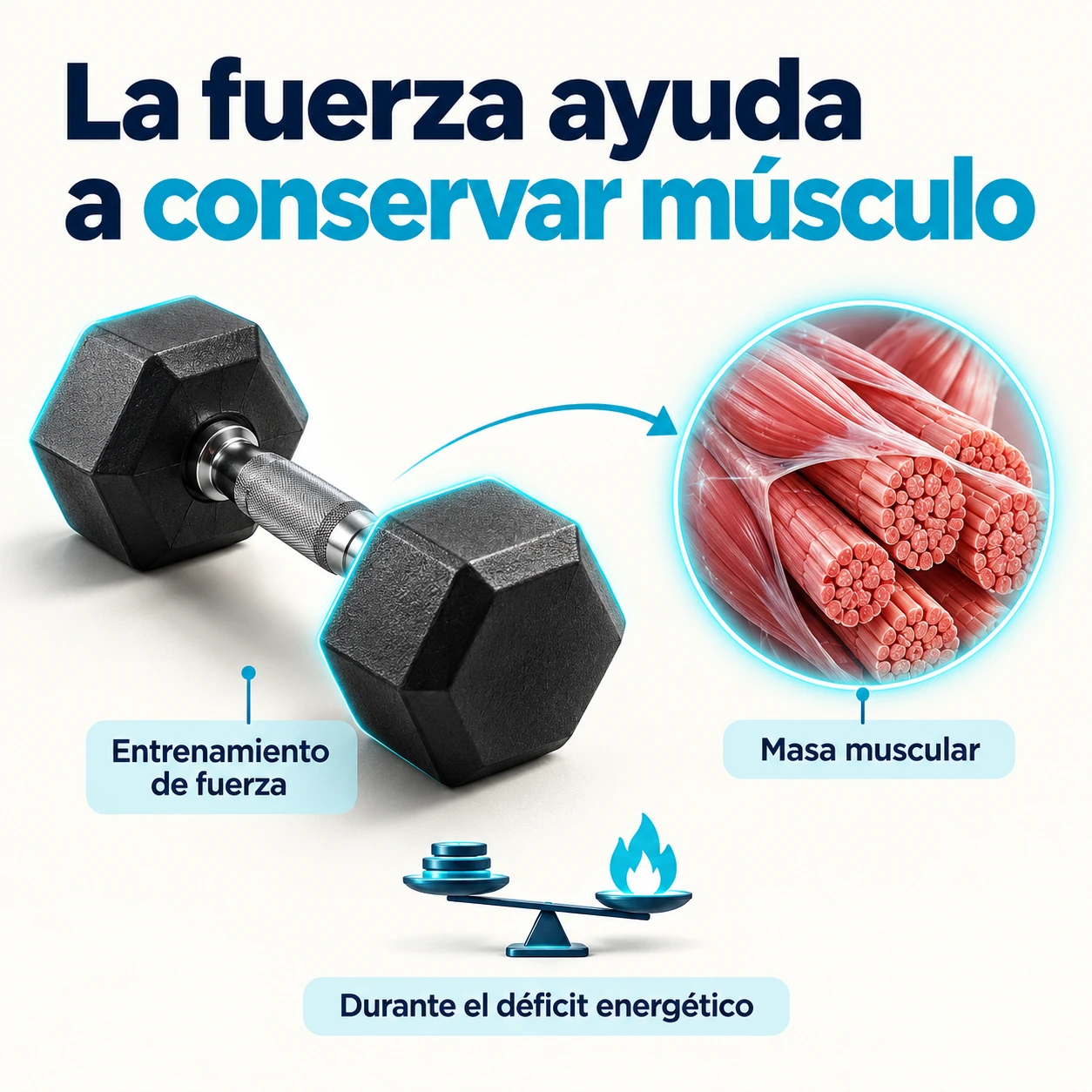 Mancuerna y fibras musculares ilustran el papel de la fuerza para conservar masa muscular durante un déficit energético.