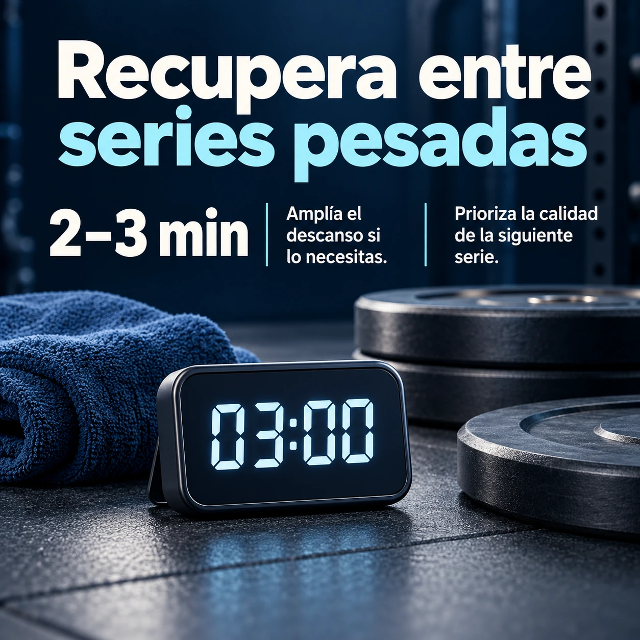 Descanso orientativo de dos a tres minutos entre series pesadas, ampliable para mantener el rendimiento.