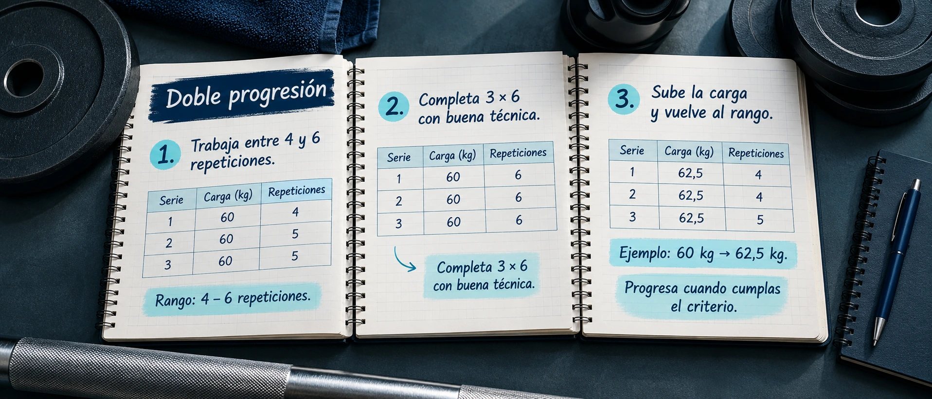 Secuencia de doble progresión: completar el rango de repeticiones con buena técnica antes de subir la carga.