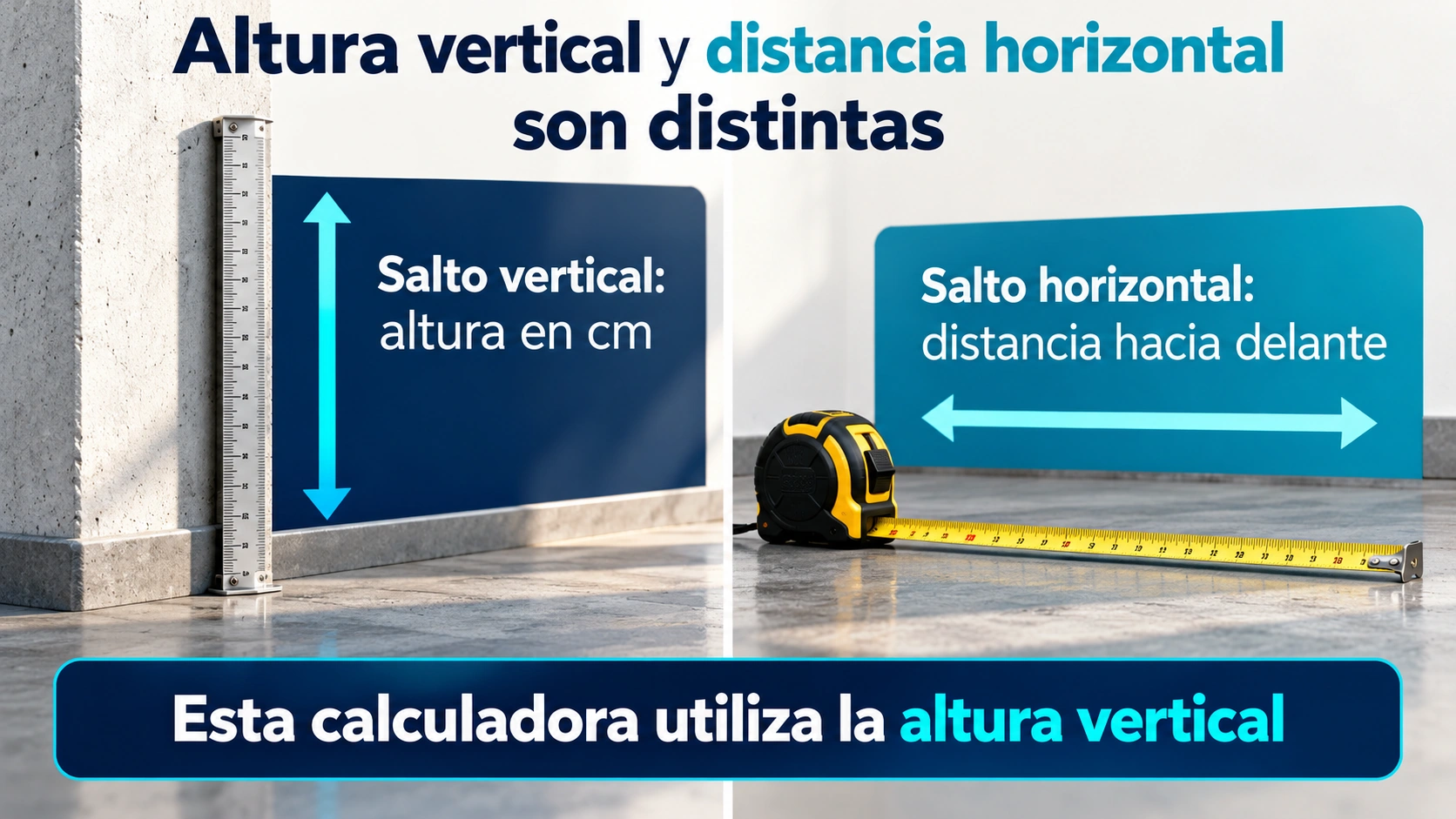 La altura de un salto vertical y la distancia de un salto horizontal son medidas distintas y esta calculadora usa la vertical