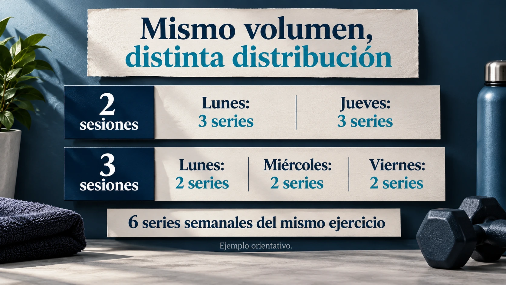 Dos formas de repartir seis series semanales del mismo ejercicio en dos o tres sesiones.
