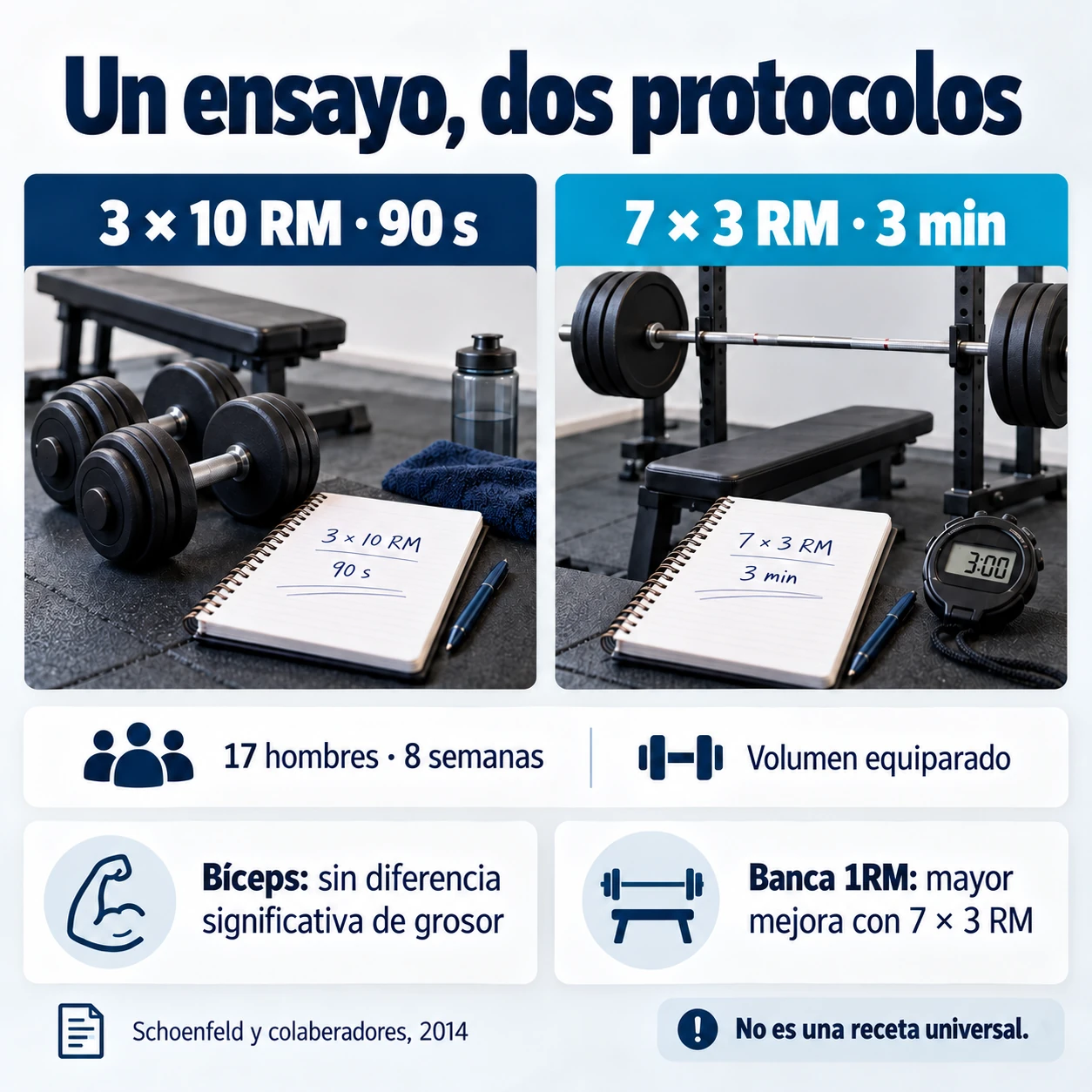 Comparación de los dos protocolos del ensayo de Schoenfeld de 2014 y sus resultados en bíceps y fuerza de banca
