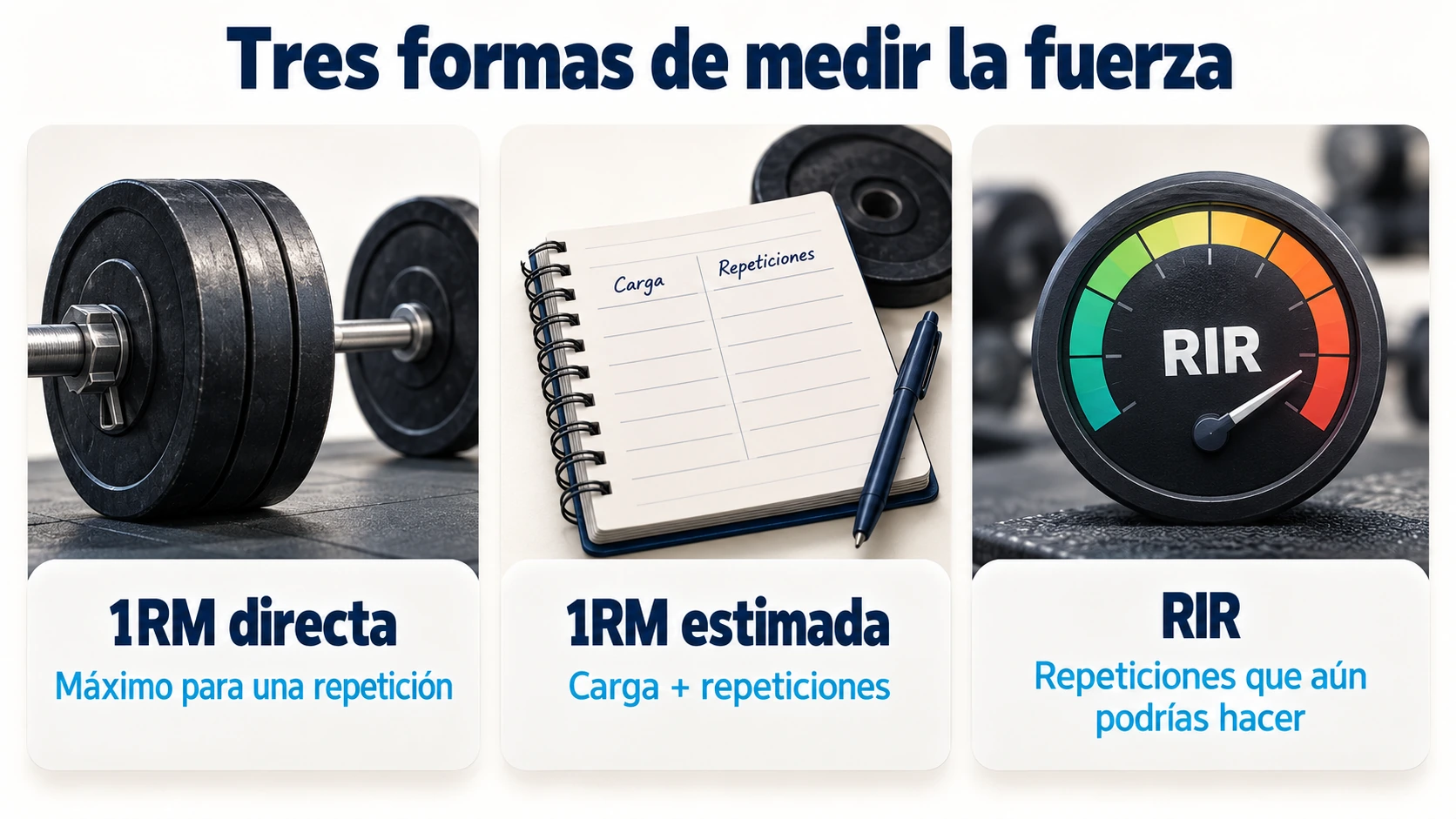 Medición de la fuerza mediante 1RM directa, estimación submáxima y repeticiones en reserva.