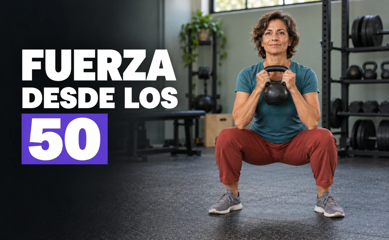 Mujer de mediana edad realizando una sentadilla goblet con una pesa rusa, junto al titular «Fuerza desde los 50».