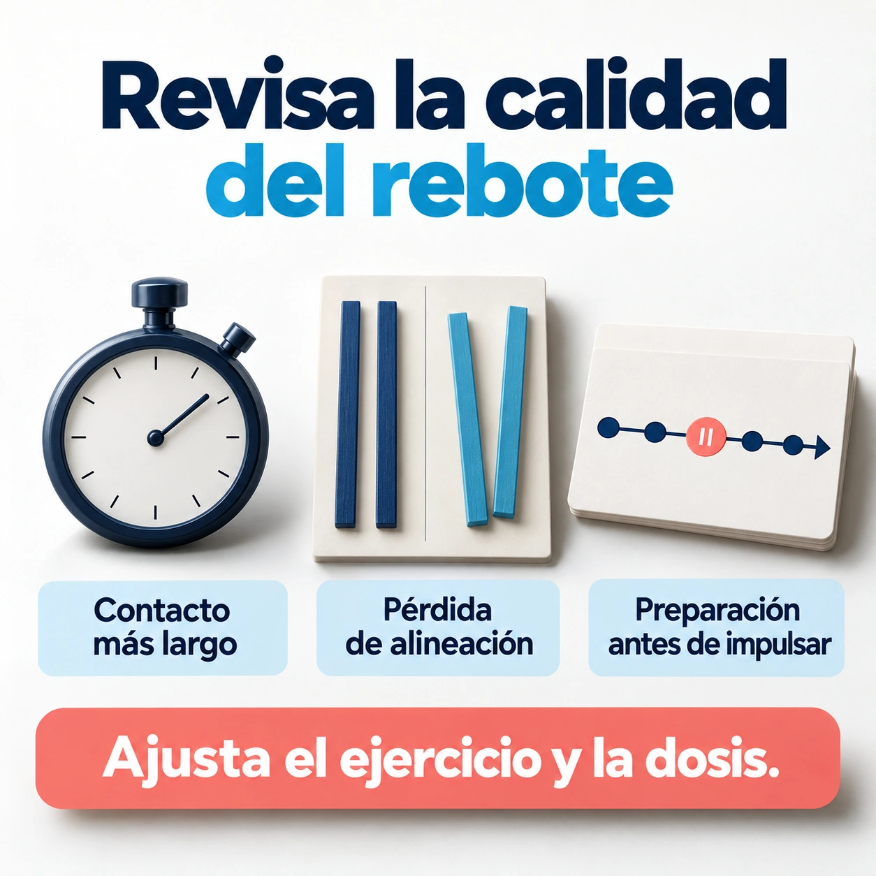 El contacto más prolongado, la pérdida de alineación y la preparación antes del impulso son señales para revisar la calidad del ejercicio reactivo.