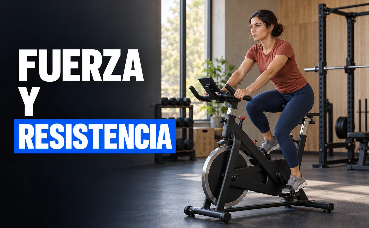 Deportista joven con camiseta terracota pedaleando en una bicicleta estática, con una barra en un soporte al fondo y el titular «Fuerza y resistencia».