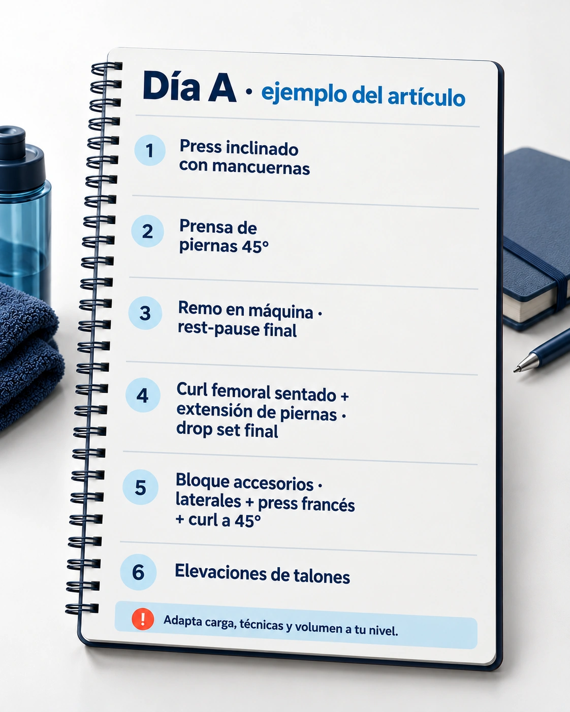 Sesión A con press inclinado, prensa, remo, trabajo de piernas, accesorios y elevaciones de talones.