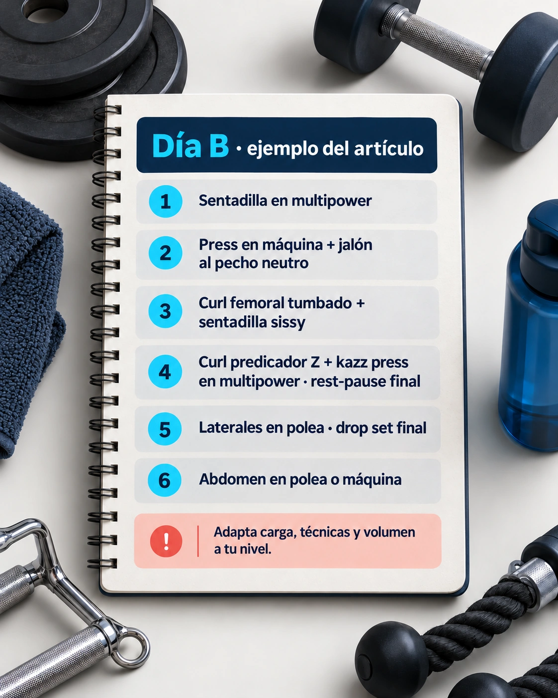 Sesión B con sentadilla en multipower, bloques de torso y piernas, brazos, laterales y abdomen.