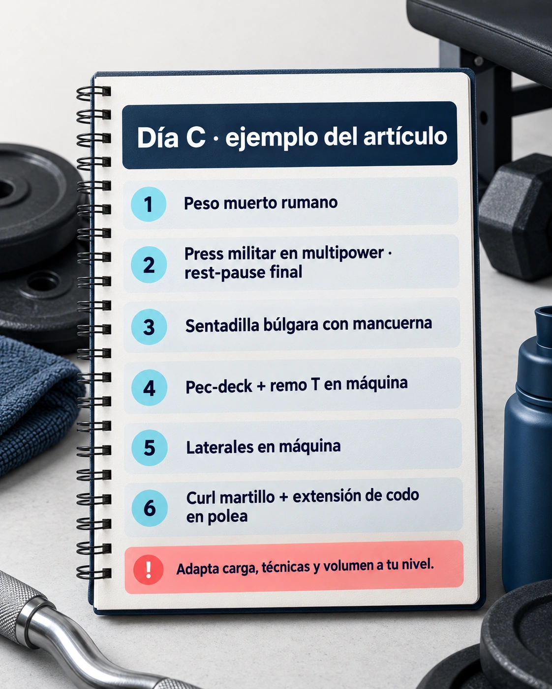 Sesión C con peso muerto rumano, press militar, búlgara, pecho y espalda, laterales y brazos.