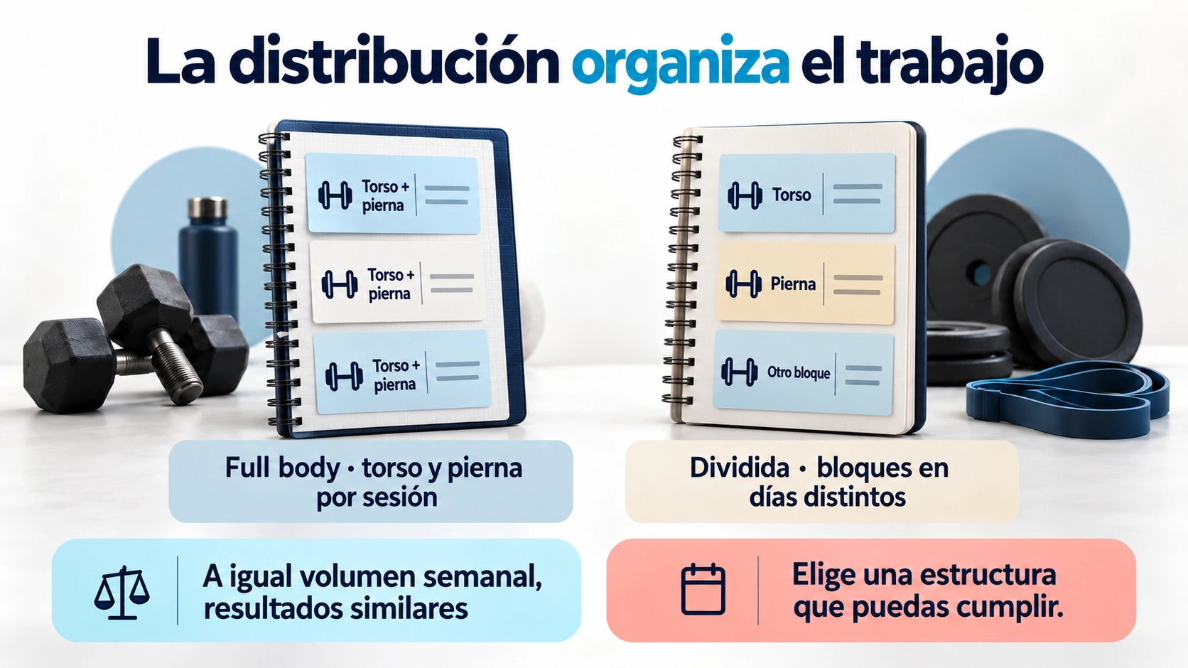 La full body y una rutina dividida organizan de forma distinta el volumen semanal, con resultados similares cuando se iguala.
