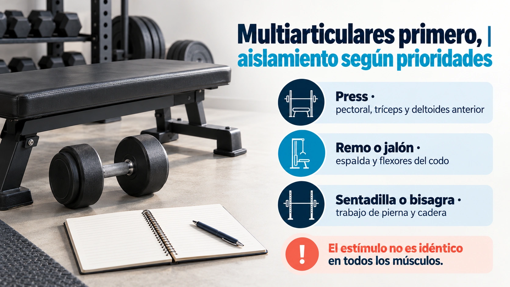 Los ejercicios multiarticulares cubren varios músculos y permiten reservar el aislamiento para las prioridades.