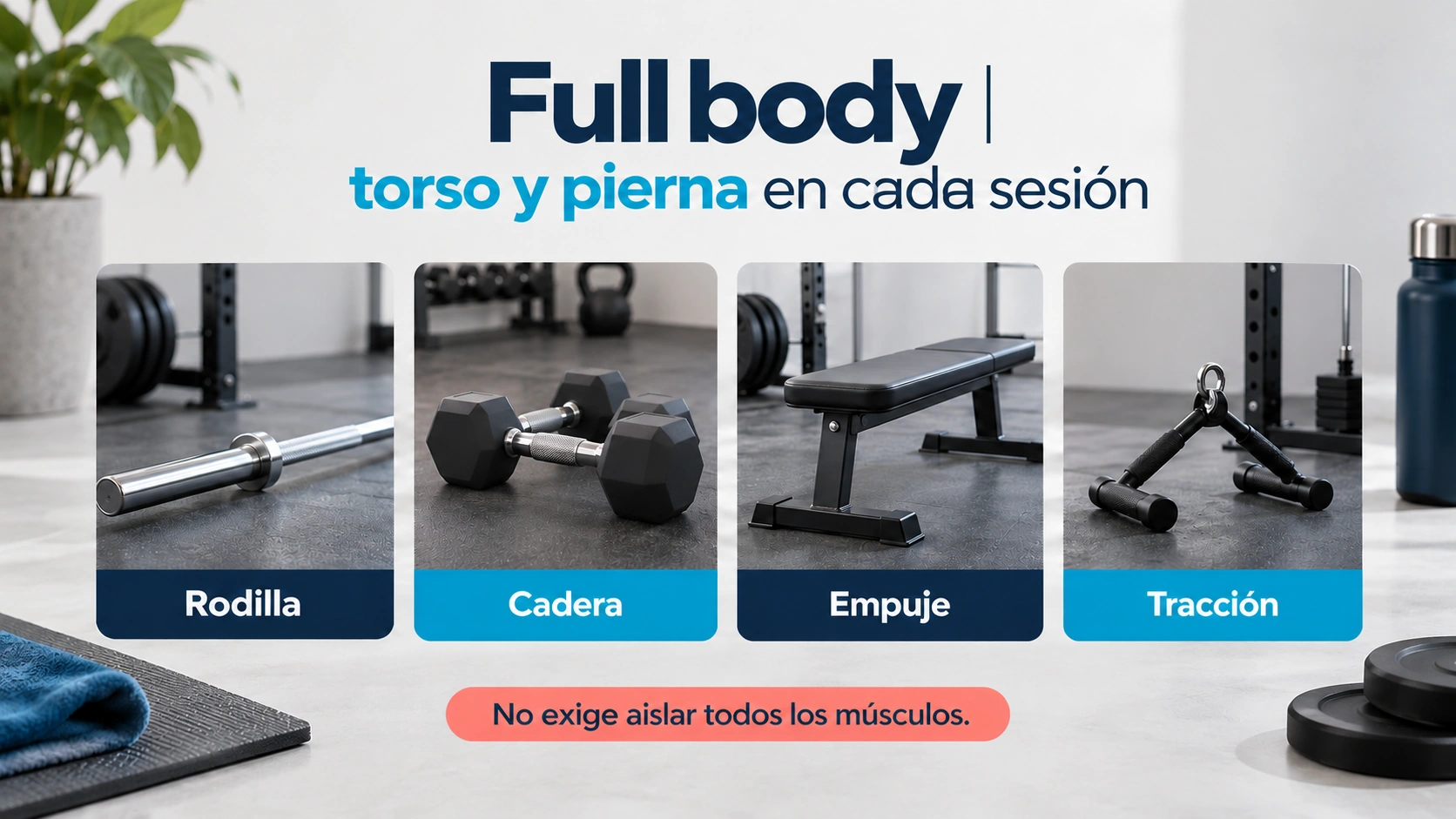 Una sesión full body combina patrones del tren superior e inferior sin aislar todos los músculos.