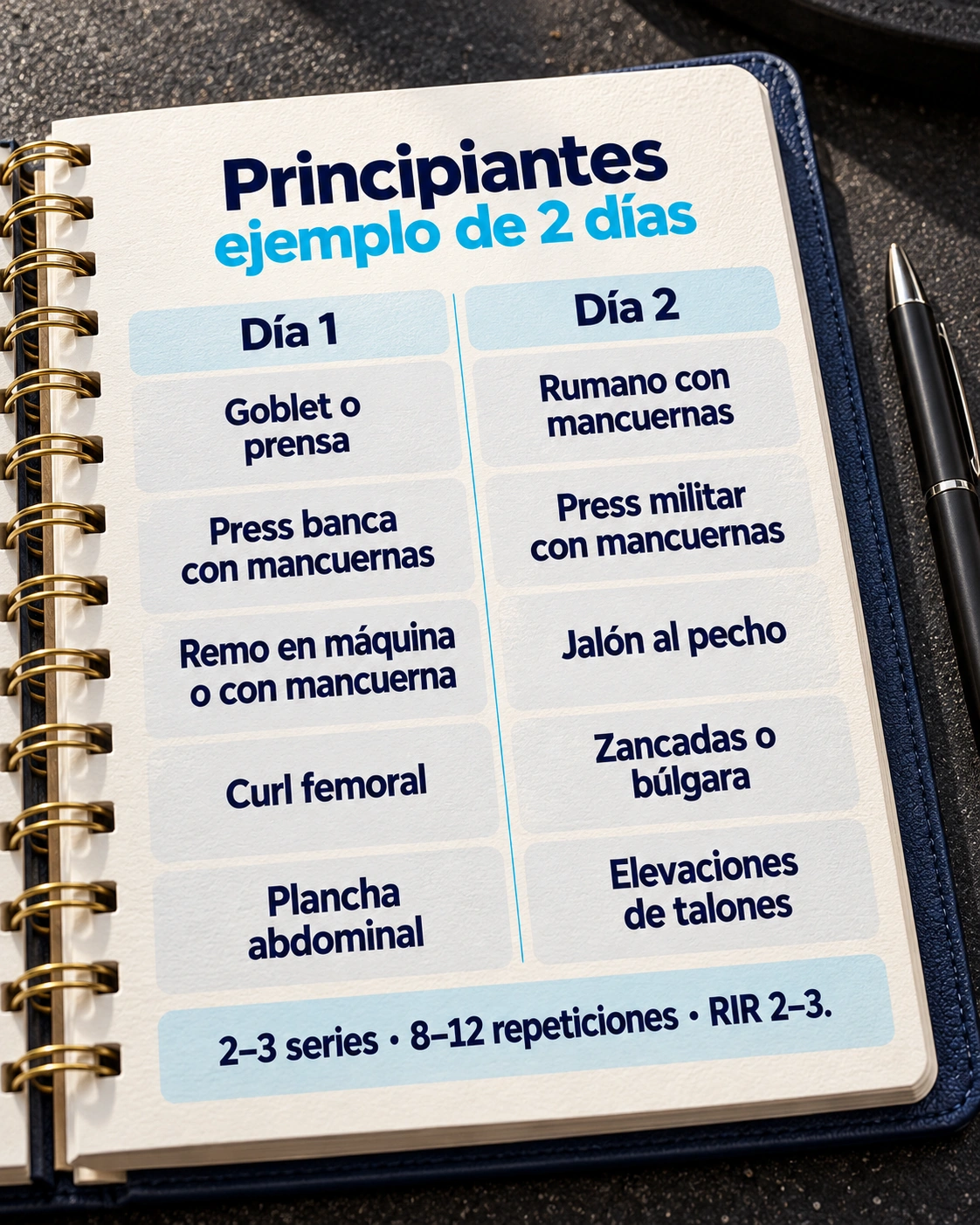 Ejemplo de full body de dos días para principiantes, con cinco ejercicios por sesión y margen de repeticiones en reserva.