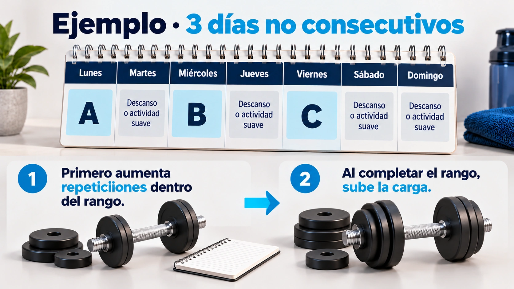Ejemplo de tres sesiones no consecutivas y progresión mediante repeticiones antes de aumentar la carga.