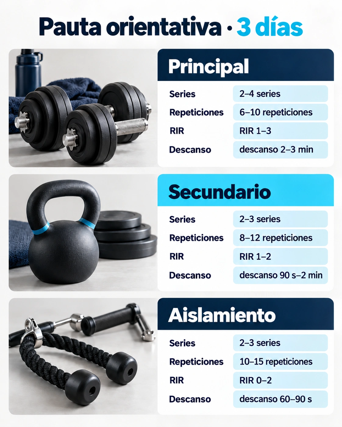 Pautas orientativas de series, repeticiones, repeticiones en reserva y descanso para tres tipos de ejercicio.