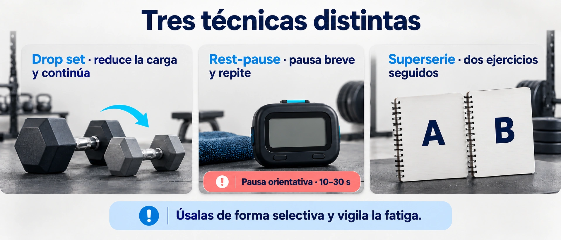 Drop sets, rest-pause y superseries se diferencian por reducción de carga, pausa breve o combinación de dos ejercicios.
