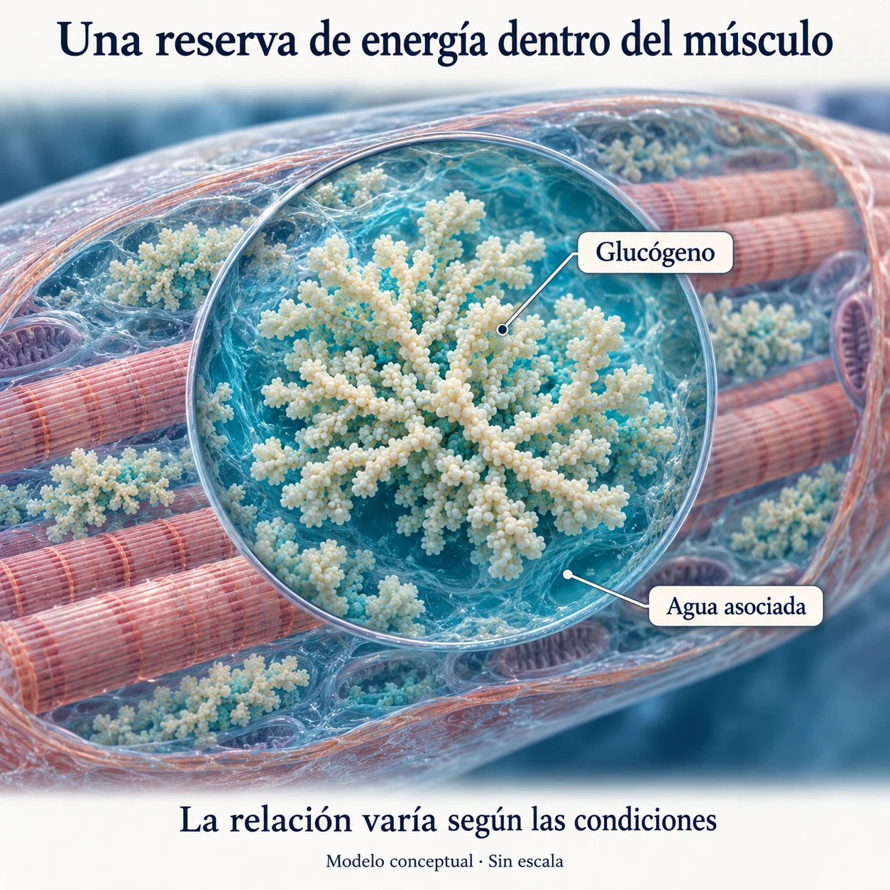 Modelo conceptual del glucógeno muscular como reserva energética asociada al agua.