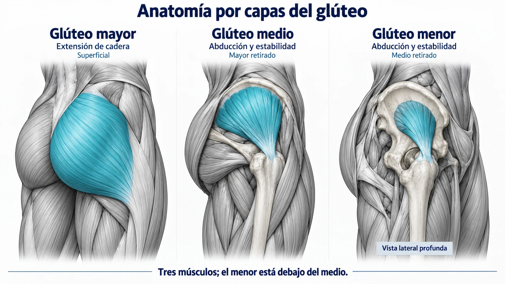 Anatomía del glúteo mayor, medio y menor por capas, con sus funciones de extensión, abducción y estabilidad de la cadera.