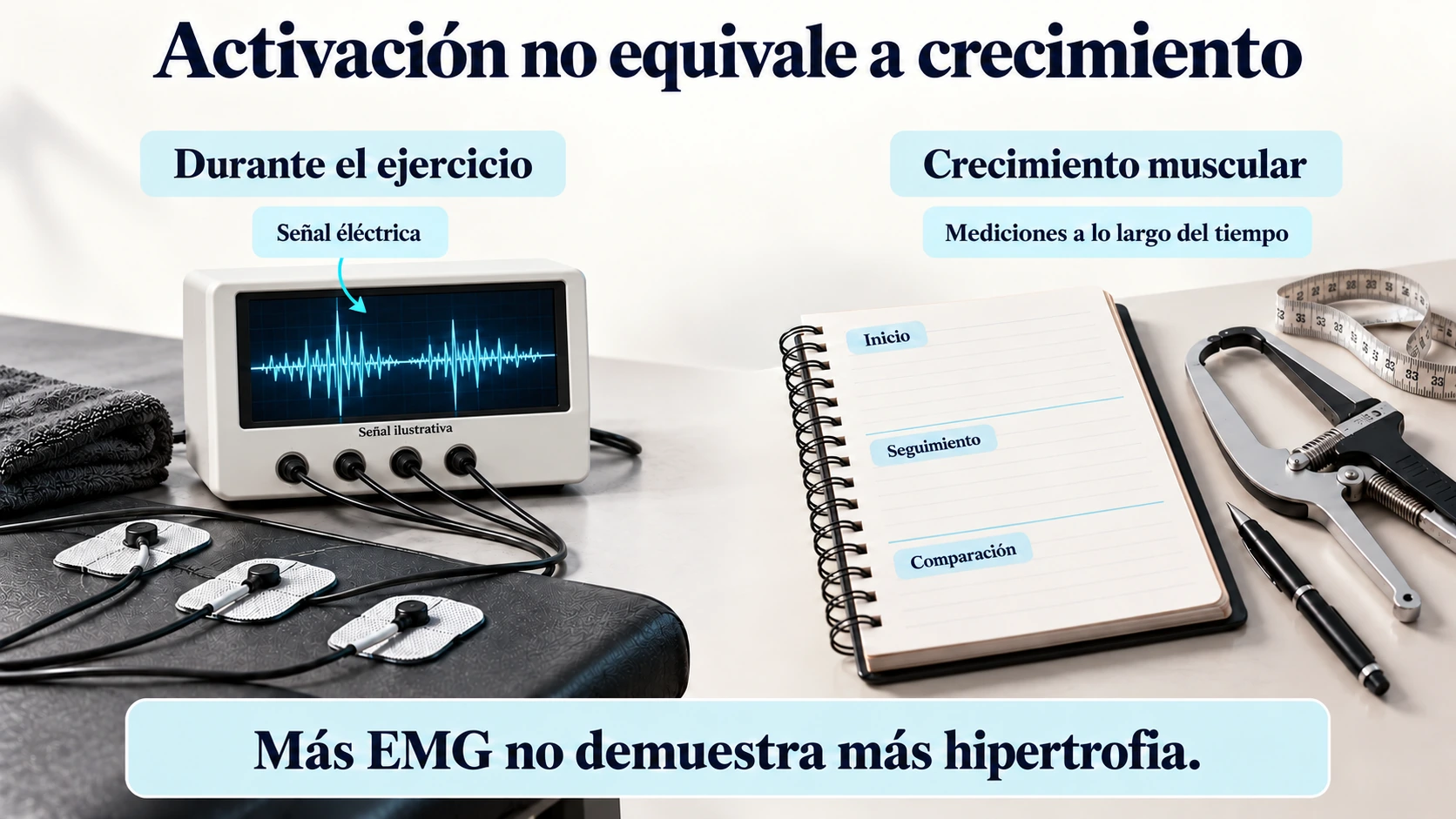 Diferencia entre la señal electromiográfica durante un ejercicio y el crecimiento muscular medido a lo largo del tiempo.