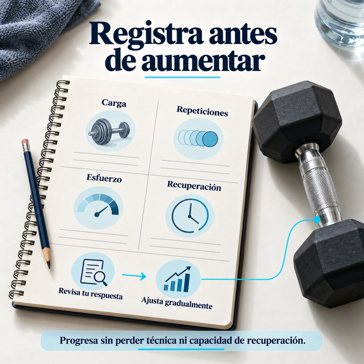 Registro de carga, repeticiones, esfuerzo y recuperación para ajustar la progresión del entrenamiento.