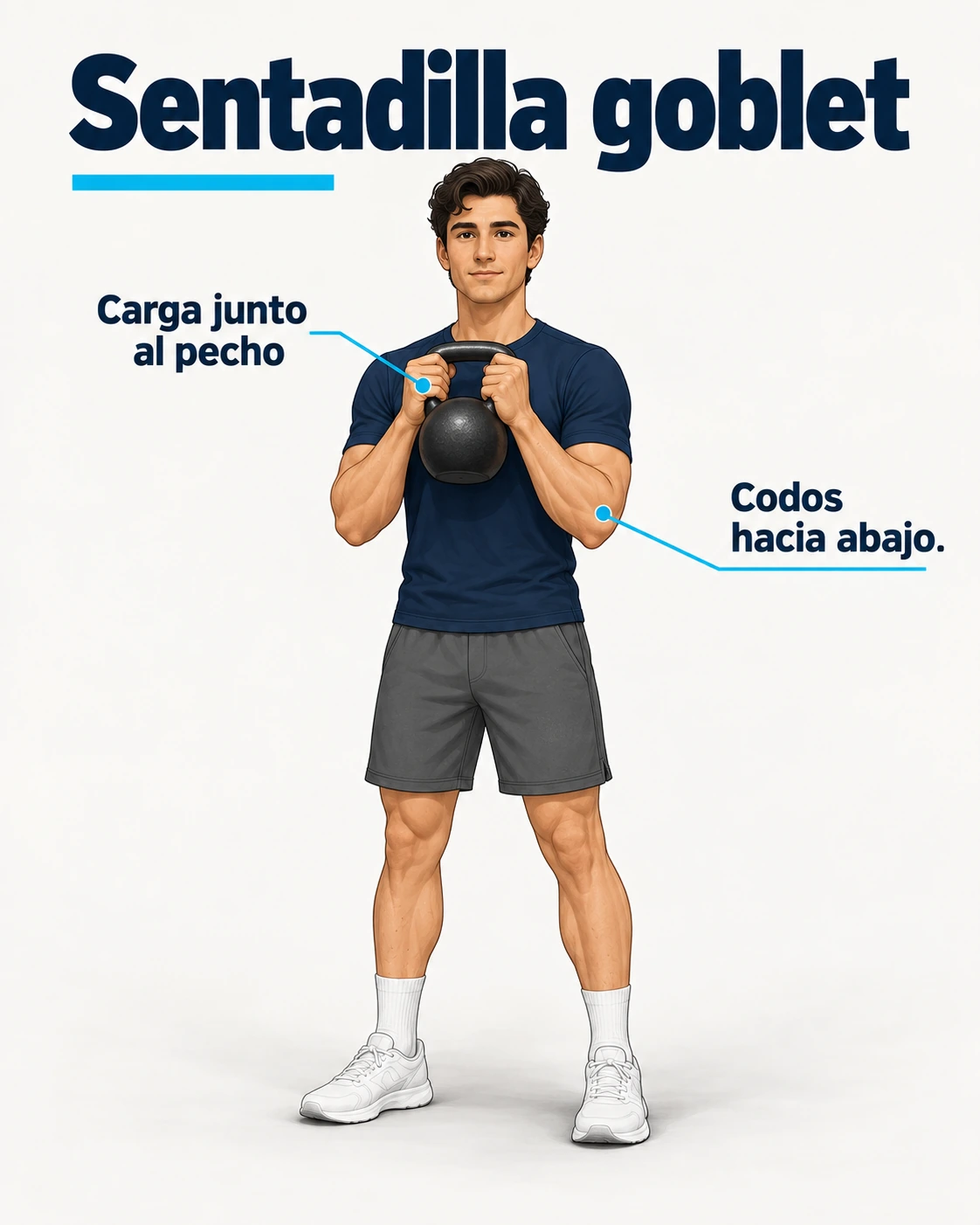 Alumno sosteniendo una kettlebell junto al pecho con ambas manos y los codos hacia abajo.