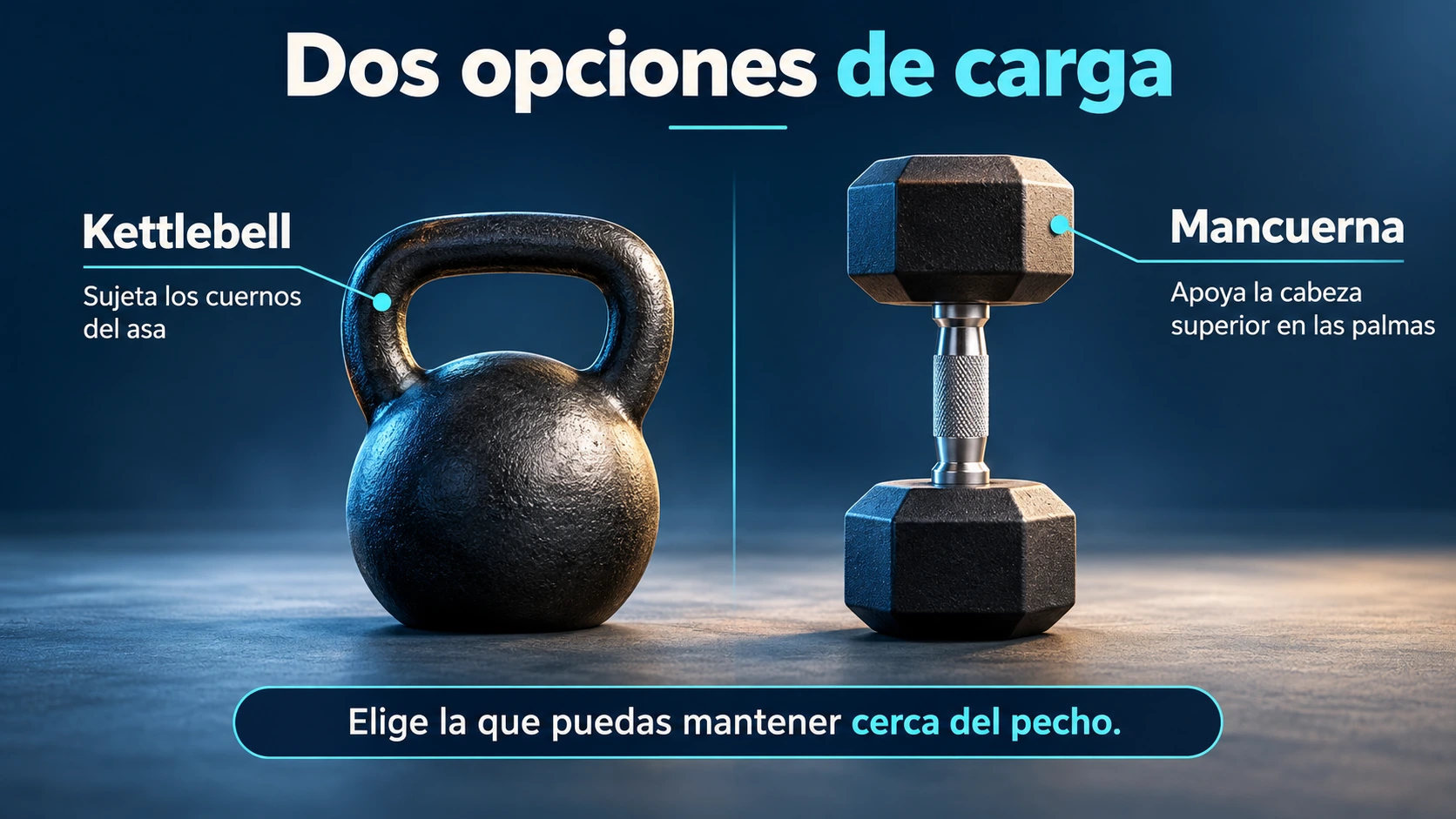 Comparación de una kettlebell y una mancuerna vertical para la sentadilla goblet.