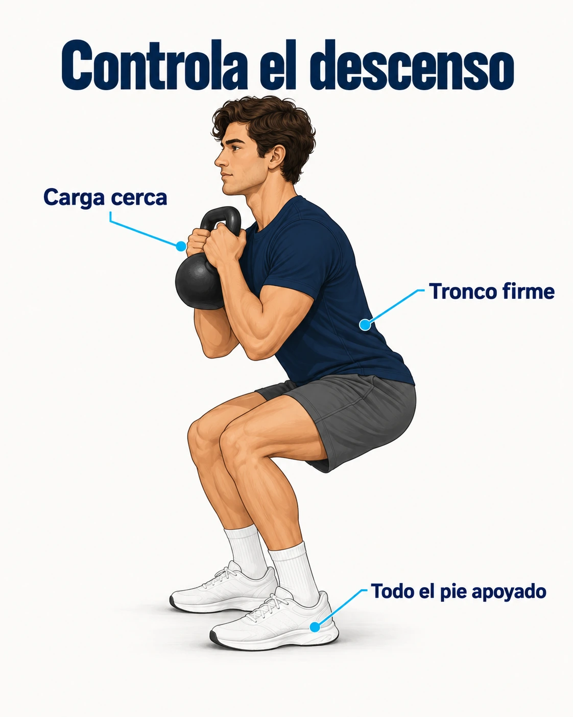 Descenso de la sentadilla goblet con carga cerca del pecho, tronco firme y todo el pie apoyado.