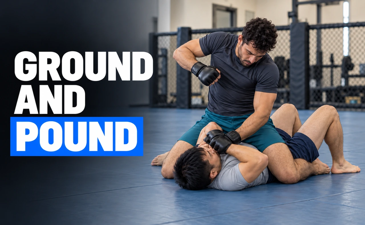 Dos deportistas con guantes de MMA practicando control y golpeo desde la posición de montada sobre un tatami, junto al titular «Ground and pound».