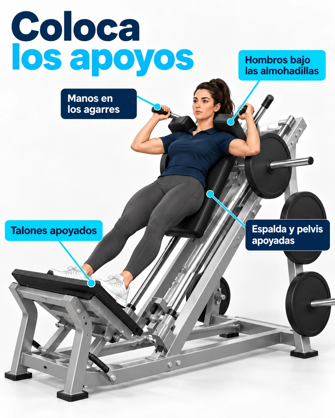 Colocación inicial en la hack squat con hombros bajo las almohadillas, espalda y pelvis apoyadas, manos en los agarres y talones sobre la plataforma.